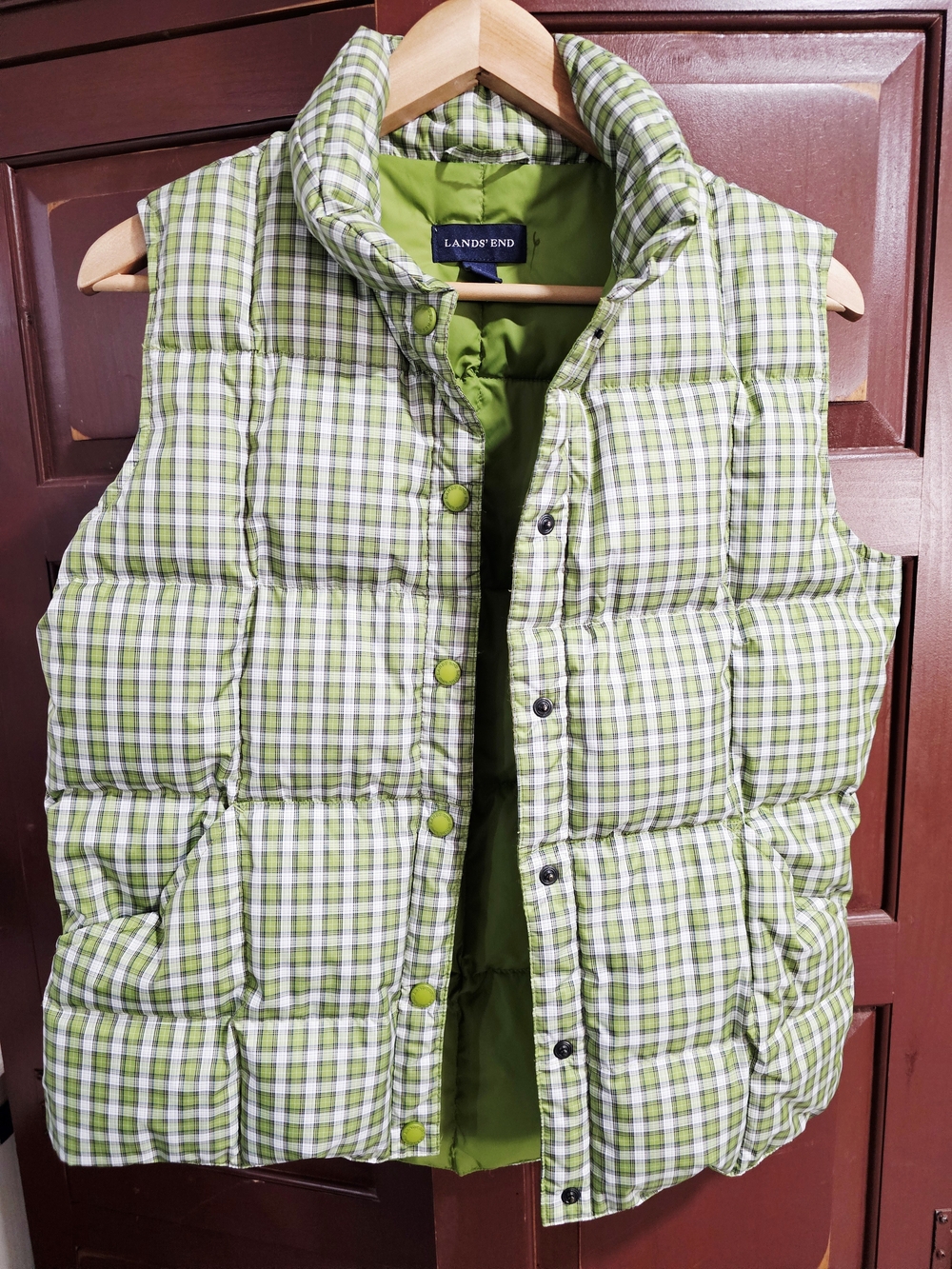 Lands' End Lime Green Plaid Quilted Puffer Vest